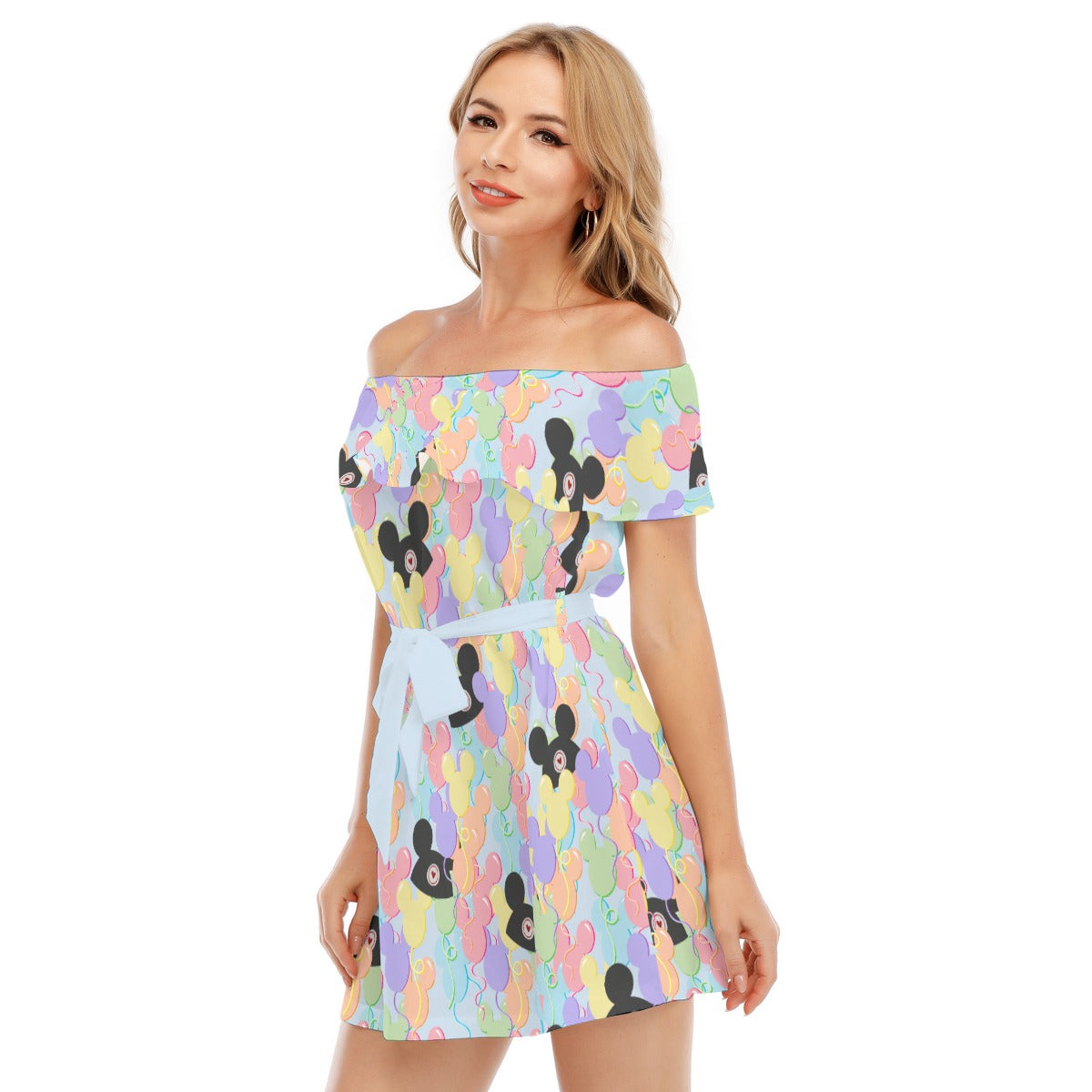 Pastel Mouse Ear Balloons - Women's Off-shoulder Ruffle Dress