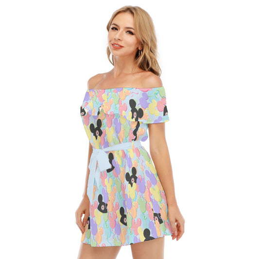 Pastel Mouse Ear Balloons - Women's Off-shoulder Ruffle Dress