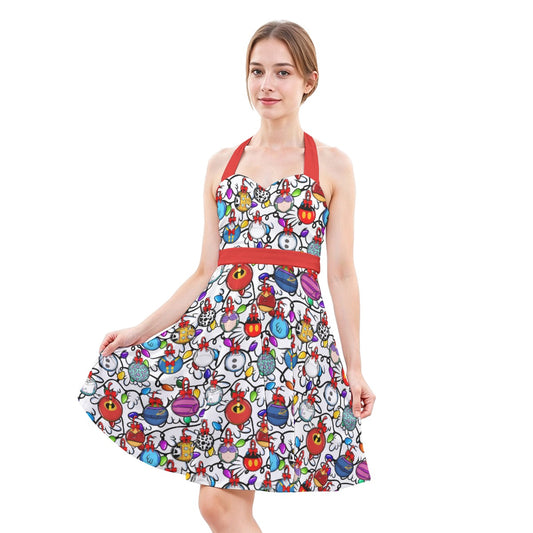 Festive Character Baubles on White - Women's Halter Vintage Pocket Dress