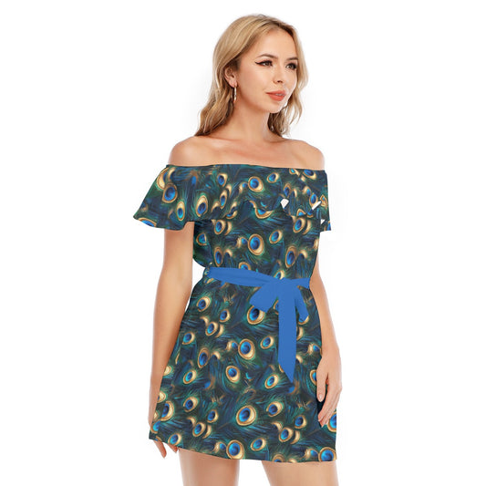 Animal Print - Peacock - Women's Off-shoulder Ruffle Dress