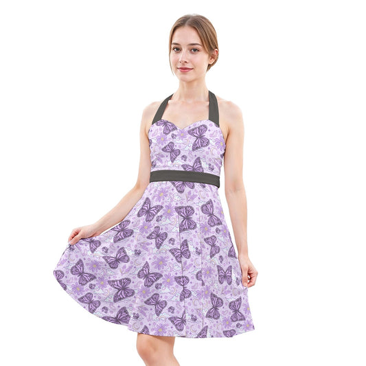 Lavender Butterflies - Women's Halter Vintage Pocket Dress
