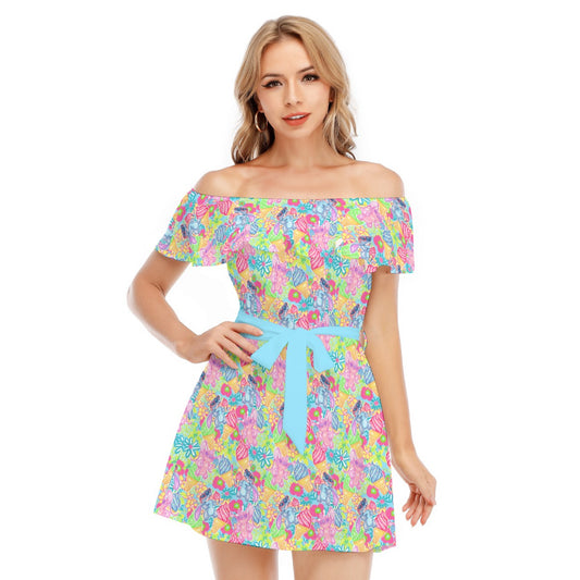 Neon Floral Summer Vibes - Women's Off-shoulder Ruffle Dress