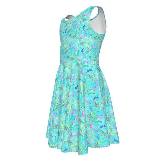 Neon Floral Baby Turtle - Kid's Sleeveless Skater Dress