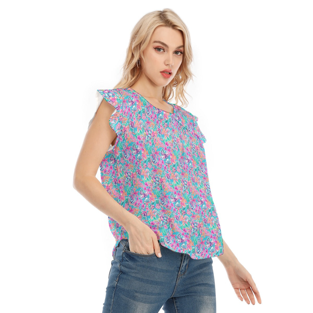 Tropical Bloom Fiesta - Playful Duo - Women’s Flutter Sleeve Top
