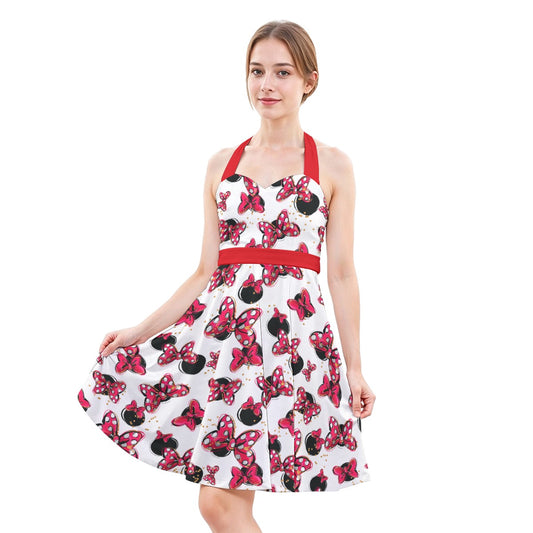 Polka Dot Bows & Mouse Ears - Women's Halter Vintage Pocket Dress