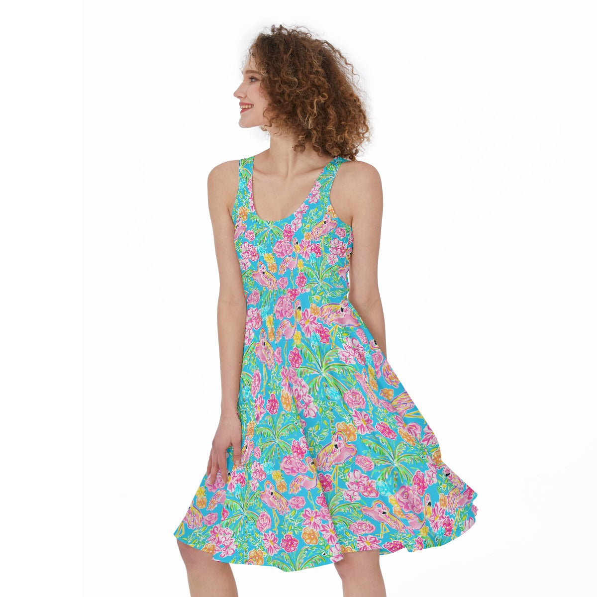 Flamingo Fiesta - Pocket Midi Skater Dress
