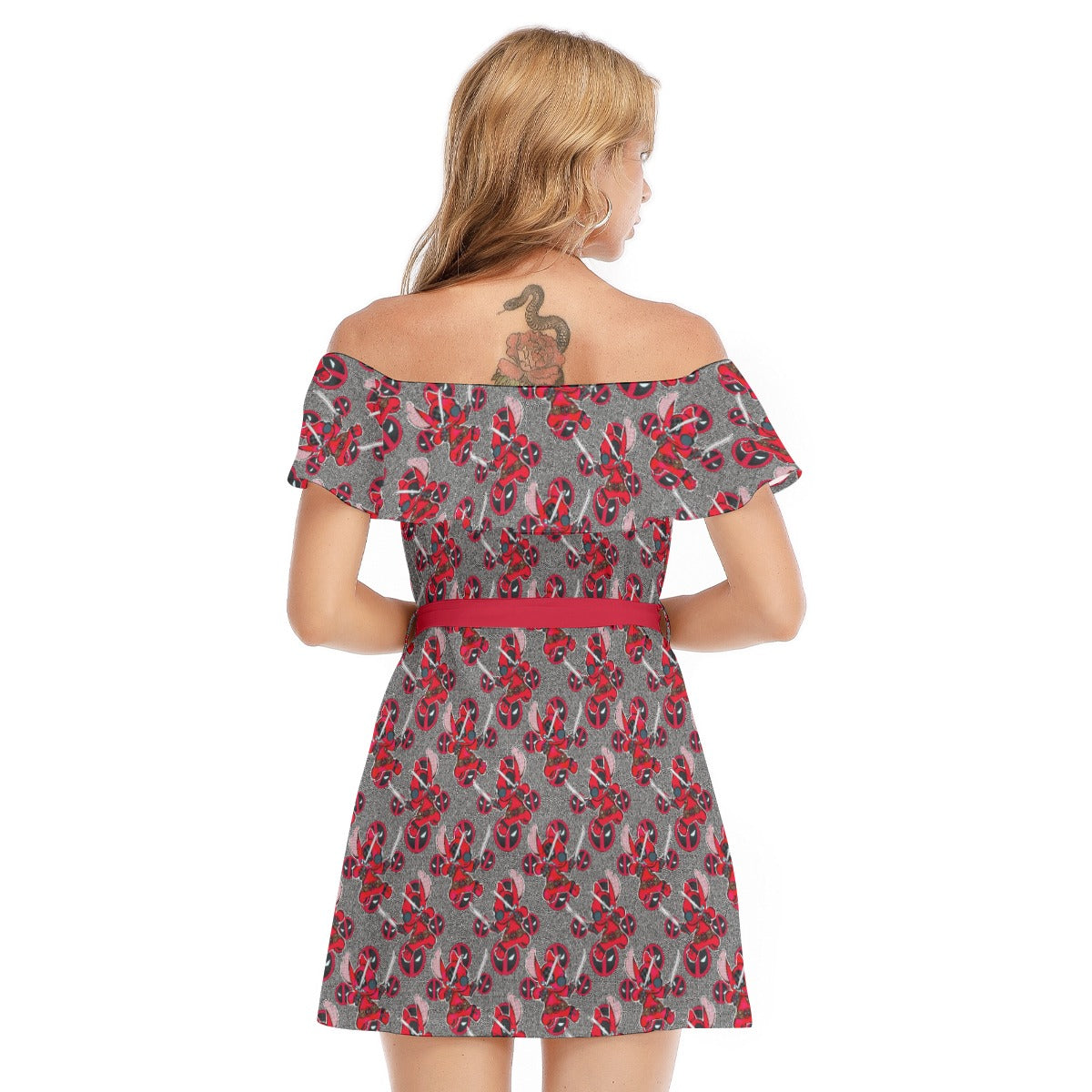 Superhero Stitch - Red Masked Hero - Women's Off-shoulder Ruffle Dress