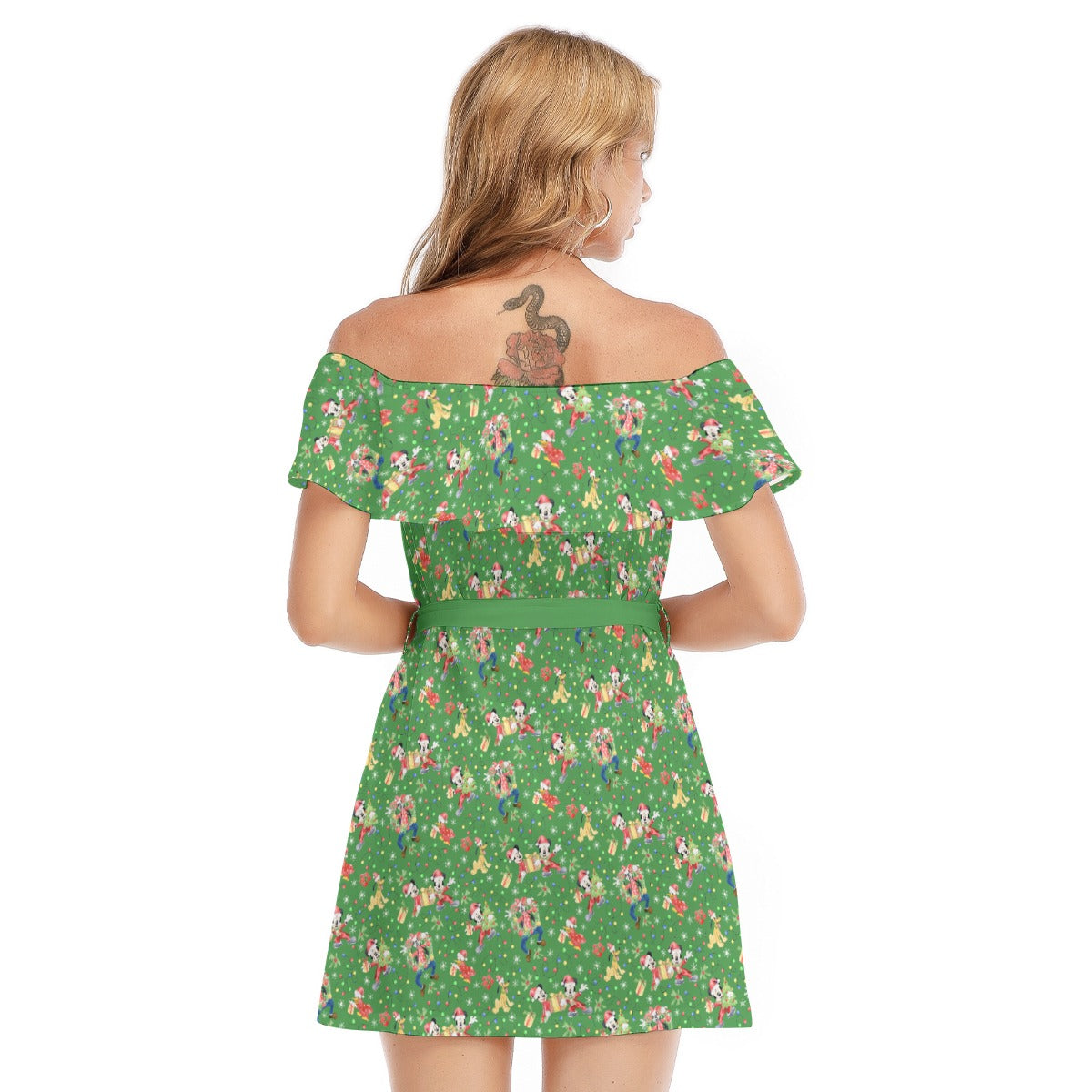 Mouse & Friends Christmas Cheer - Women's Off-shoulder Ruffle Dress