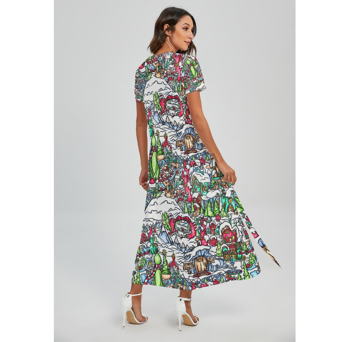 Whimsical Village Winter Wonderland - Women's V-Neck Side Split Maxi Dress