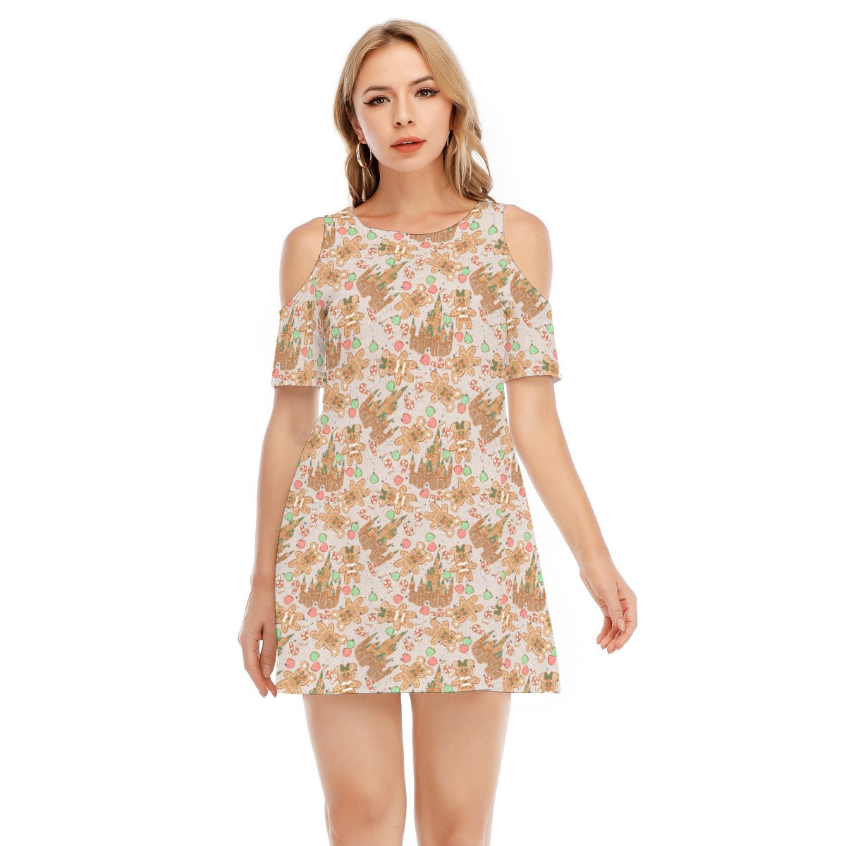Festive Gingerbread Treats - Women's Cold Shoulder Cotton Dress