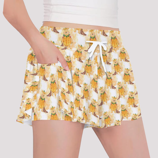 Pumpkin Bear Mischief - Girls’ Flowy Pocket Shorts
