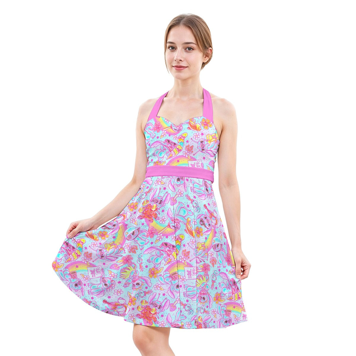Neon Rainbow Mischief - Women's Halter Vintage Pocket Dress