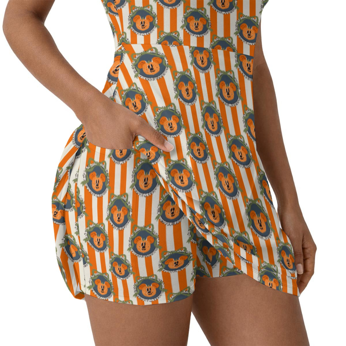 Pumpkin Cameo Stripes - Women’s Sleeveless Athletic Skater Dress with Built-In Shorts