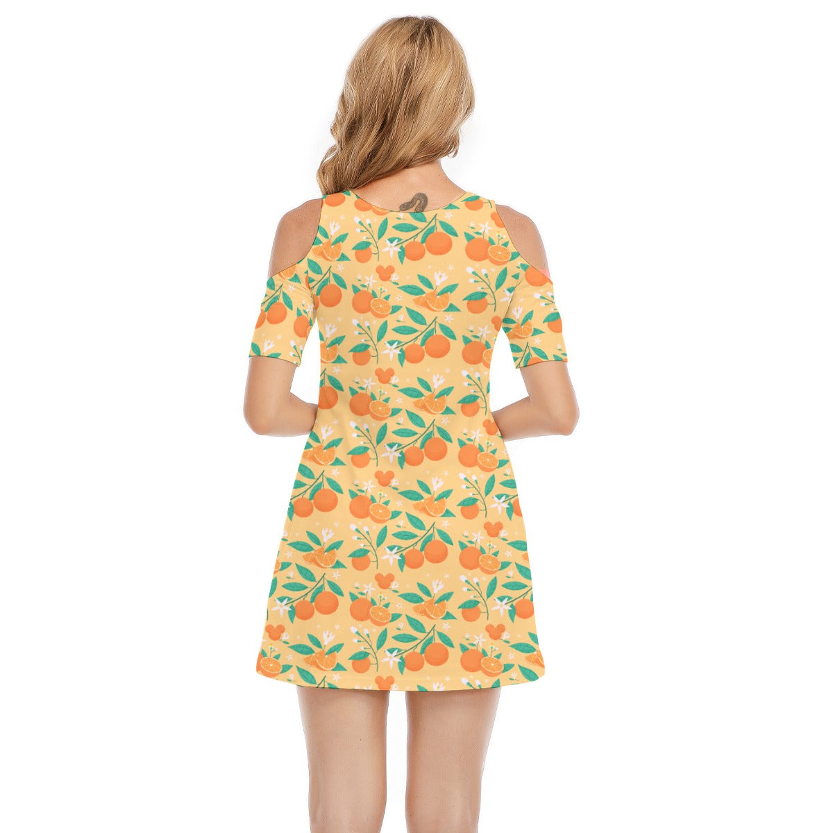 Hidden Citrus Delight - Women's Cold Shoulder Cotton Dress