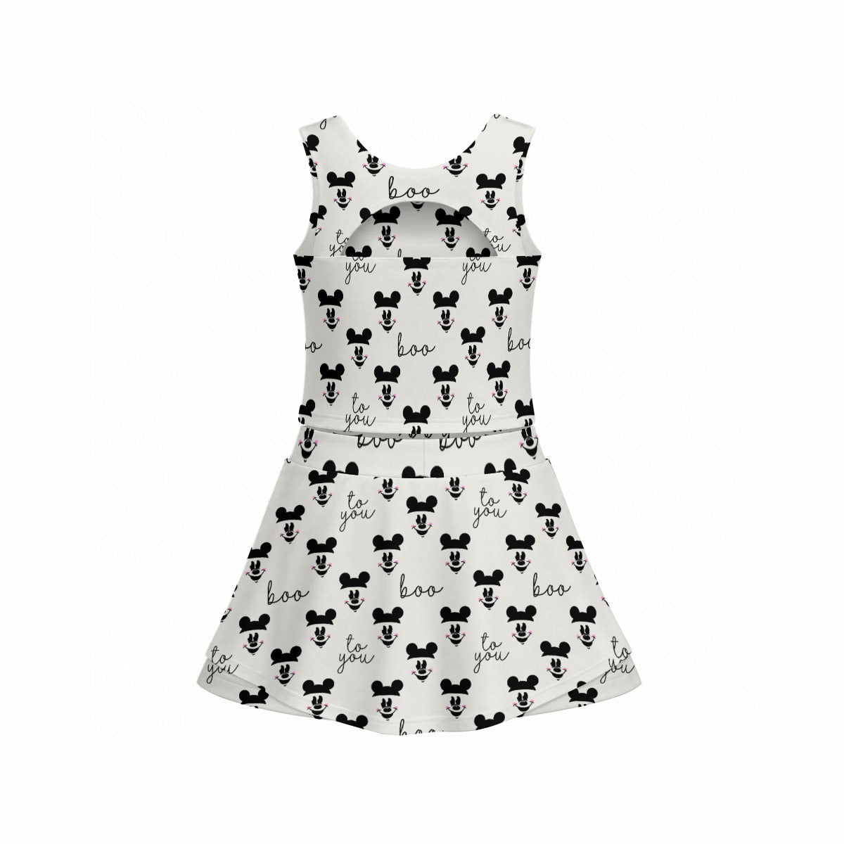 Spooky Mouse Greetings - Women’s Athletic Skort Set with Open-Back Crop Top
