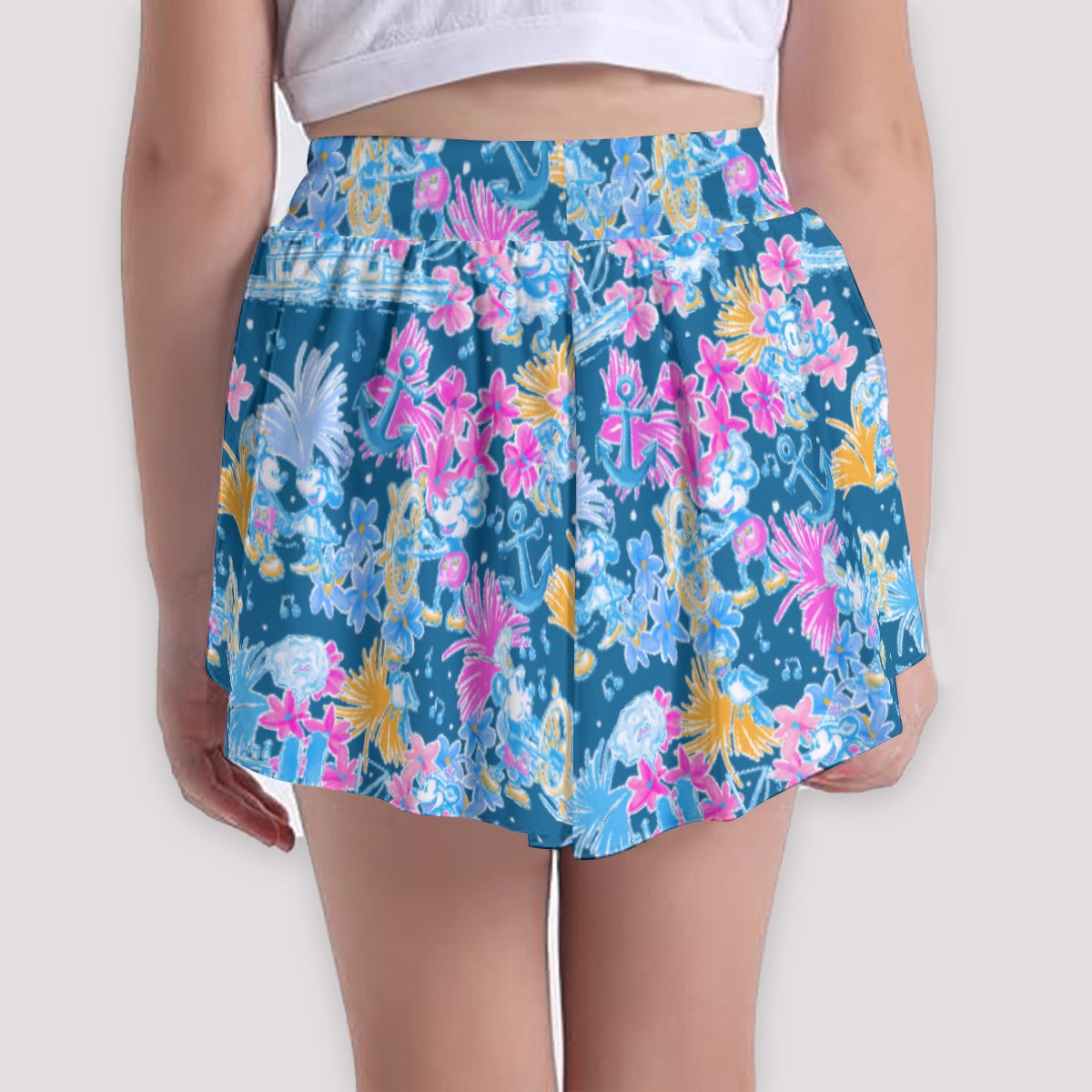Bright Tropical Whimsy - Vintage Steamboat Captain - Girls’ Flowy Pocket Shorts