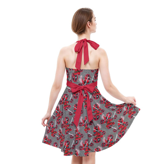 Superhero Stitch - Red Masked Hero - Women's Halter Vintage Pocket Dress