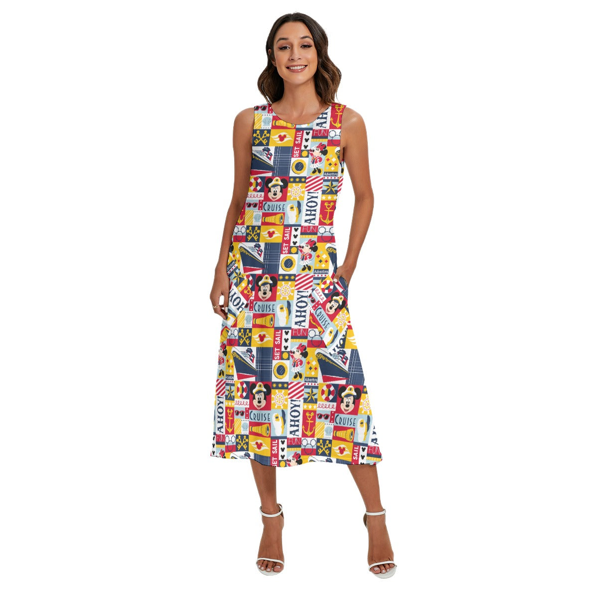 Nautical Cruise Patchwork - Women’s Diagonal Pocket Midi Dress