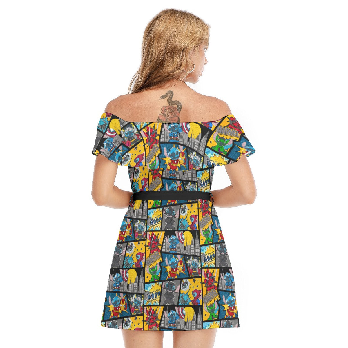 Superhero Stitch - Comic Action - Women's Off-shoulder Ruffle Dress