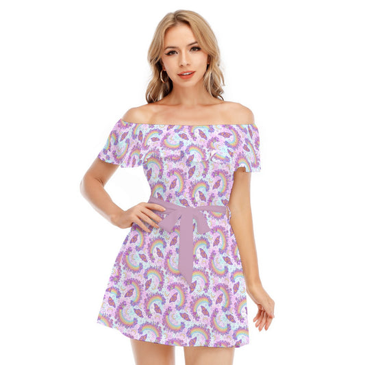 Monarch Butterflies & Rainbows - Women's Off-shoulder Ruffle Dress