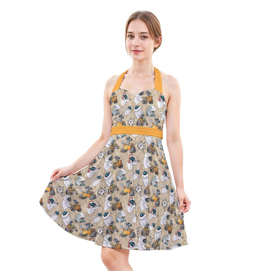 Robot Romance Sketchedched - Women's Halter Vintage Pocket Dress