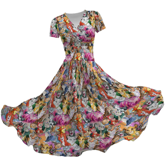 Whimsical Storybook Cats - Women's V-Neck Ruched Midi Dress