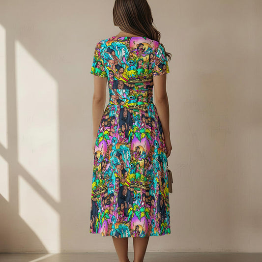 Ohana Island Storybook Scenes - Women's V-Neck Ruched Midi Dress