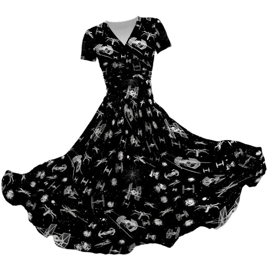 Epic Space Battle Ships - Women's V-Neck Ruched Midi Dress