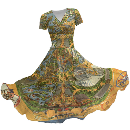 Vintage Theme Park Map - Women's V-Neck Ruched Midi Dress