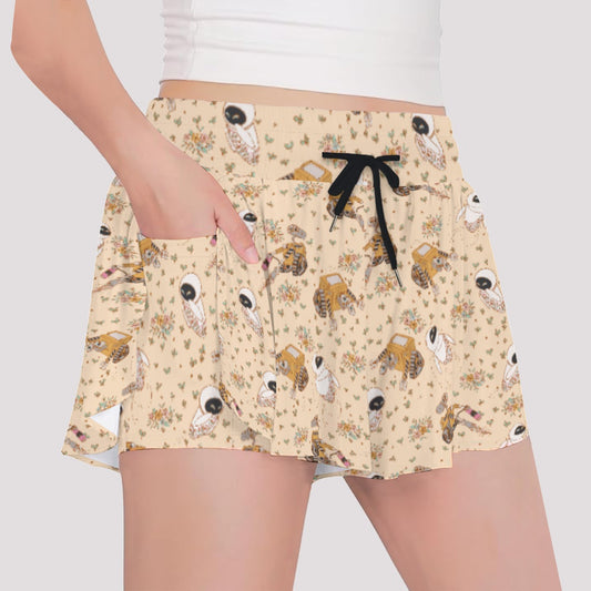 Botanical Robot Love Story - Girls’ Flowy Pocket Shorts