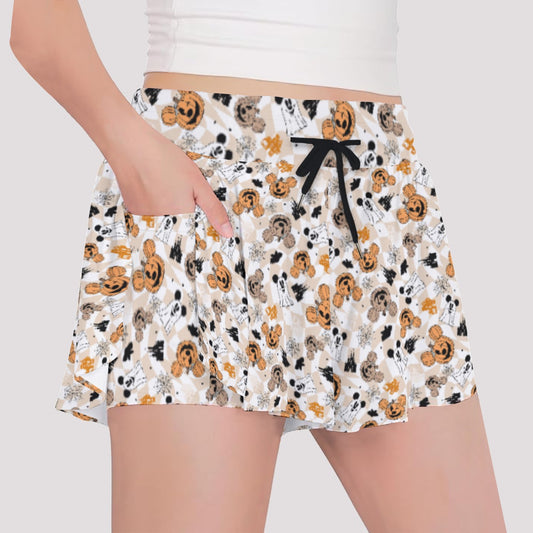 Checkered Halloween Ghosts & Pumpkinskins - Girls’ Flowy Pocket Shorts