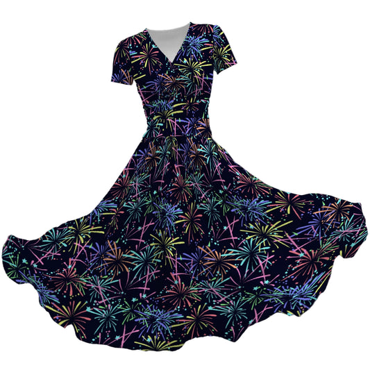 Fireworks - Women's V-Neck Ruched Midi Dress