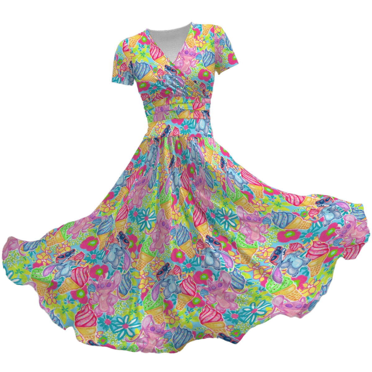 Neon Floral Summer Vibes - Women's V-Neck Ruched Midi Dress