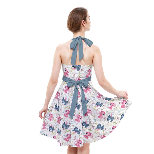 Blue Alien & Pink Friend Love - Women's Halter Vintage Pocket Dress