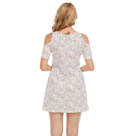 Springtime Kitten Garden Elegance - Women's Cold Shoulder Cotton Dress