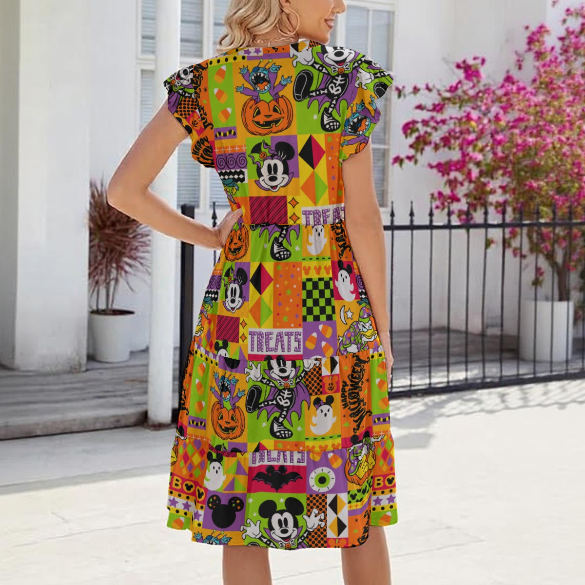 Spooky Patchwork Treats - Women's Tiered Pocket Midi Dress