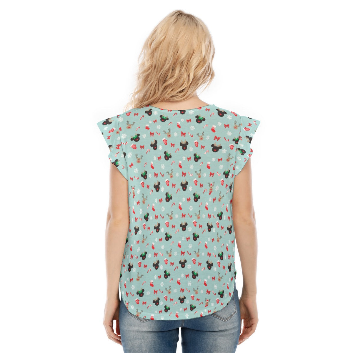 Festive Reindeer Mouse Holidayeers - Women’s Flutter Sleeve Top