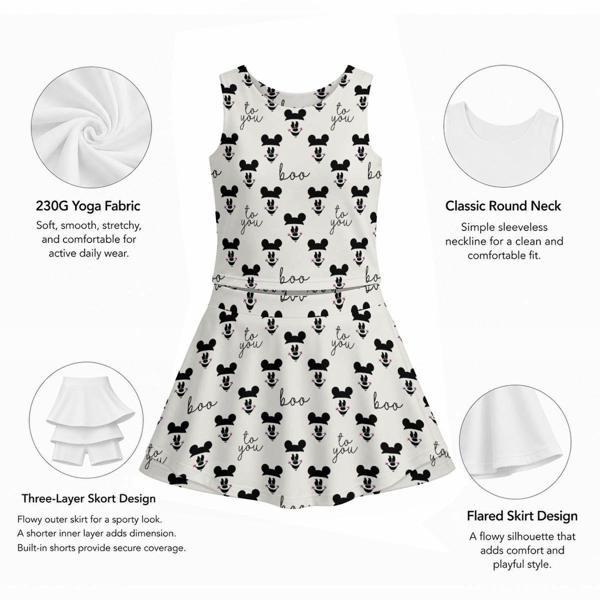 Spooky Mouse Greetings - Women’s Athletic Skort Set with Open-Back Crop Top