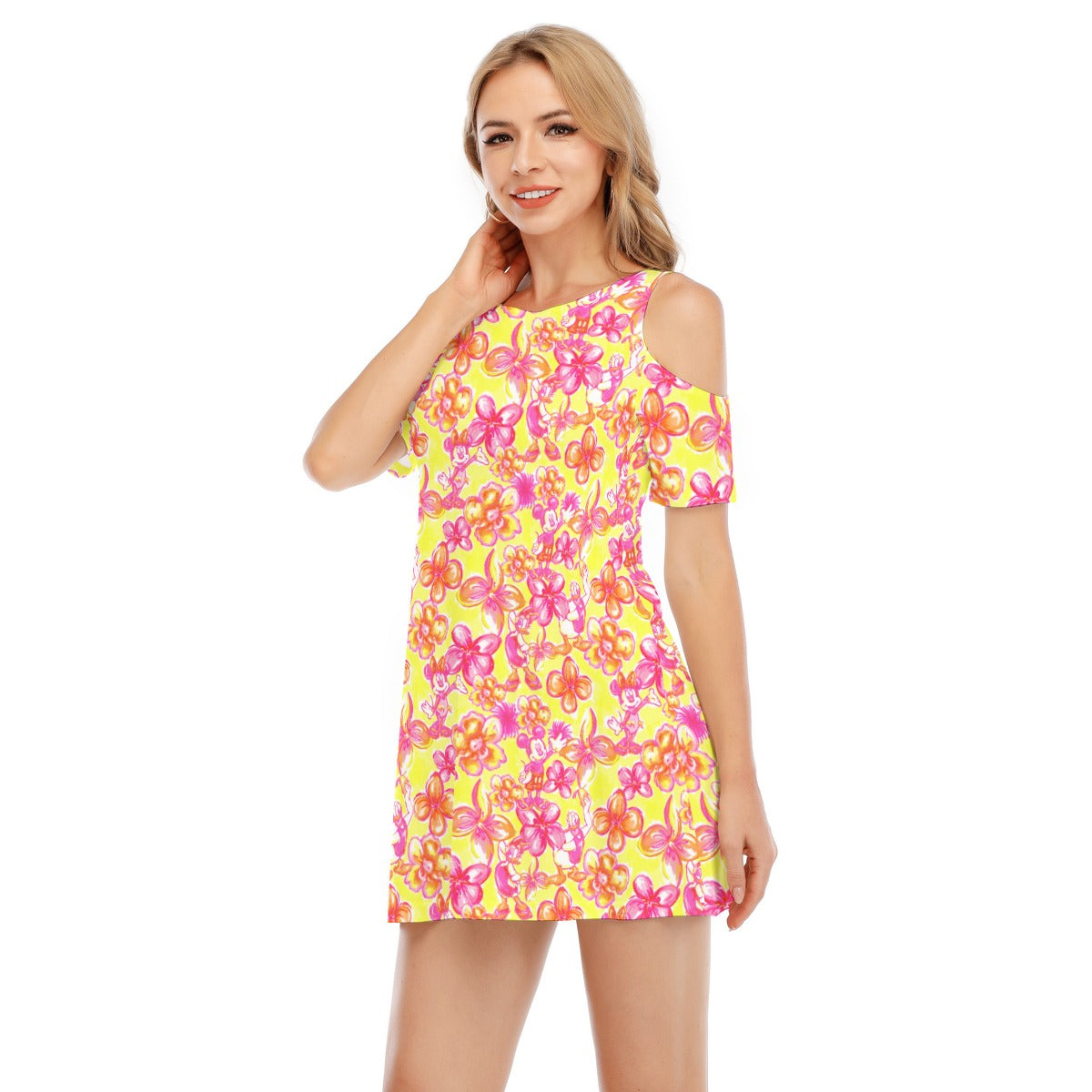 Neon Tropical Floral Friendsends - Women's Cold Shoulder Cotton Dress