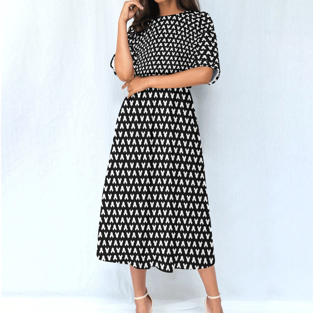 Playful Polka Dot Ears Black - Women’s Elastic Waist Pocket Midi Dress