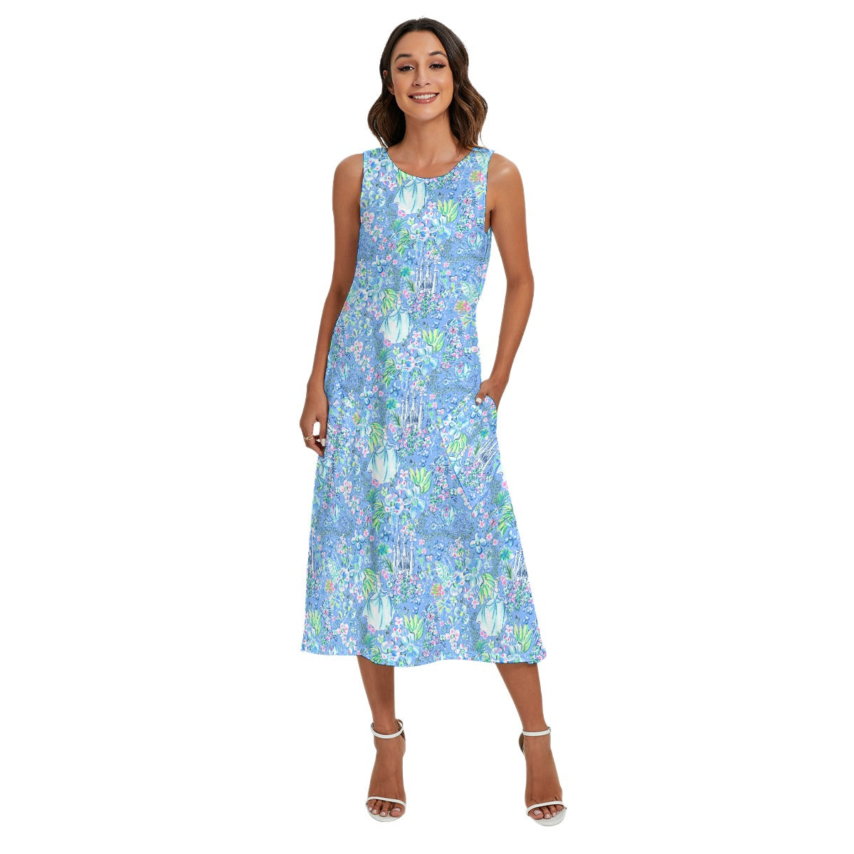 Bright Tropical Princess - Royal Beach Day - Women’s Diagonal Pocket Midi Dress