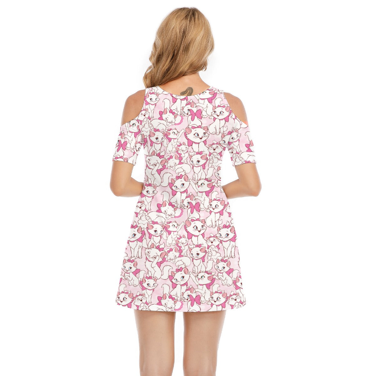 Sweet Kitten with Pink Bow - Women's Cold Shoulder Cotton Dress