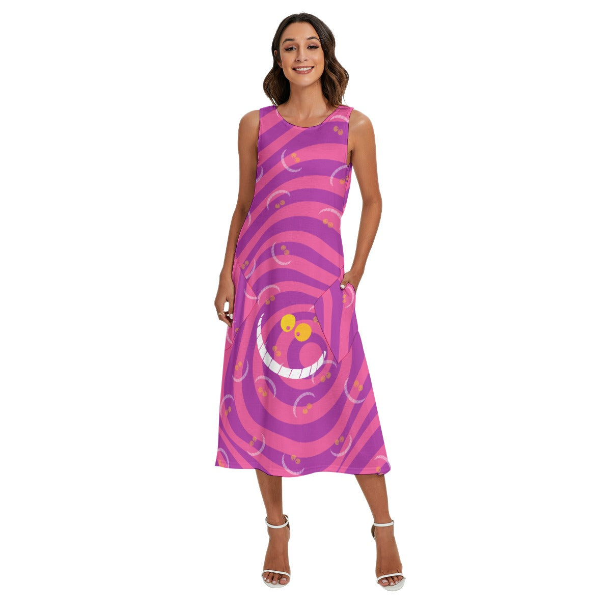 Whimsical Grinning Stripes - Women’s Diagonal Pocket Midi Dress