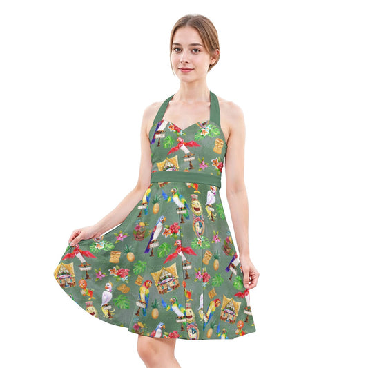 Orange Bird & Tiki Friends - Women's Halter Vintage Pocket Dress