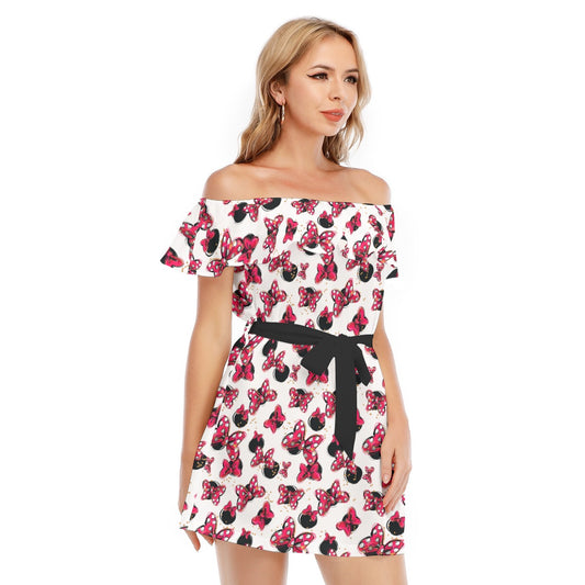 Polka Dot Bows & Mouse Ears - Women's Off-shoulder Ruffle Dress