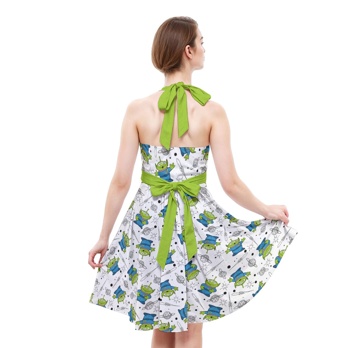 Playful Green Aliens on White - Women's Halter Vintage Pocket Dress