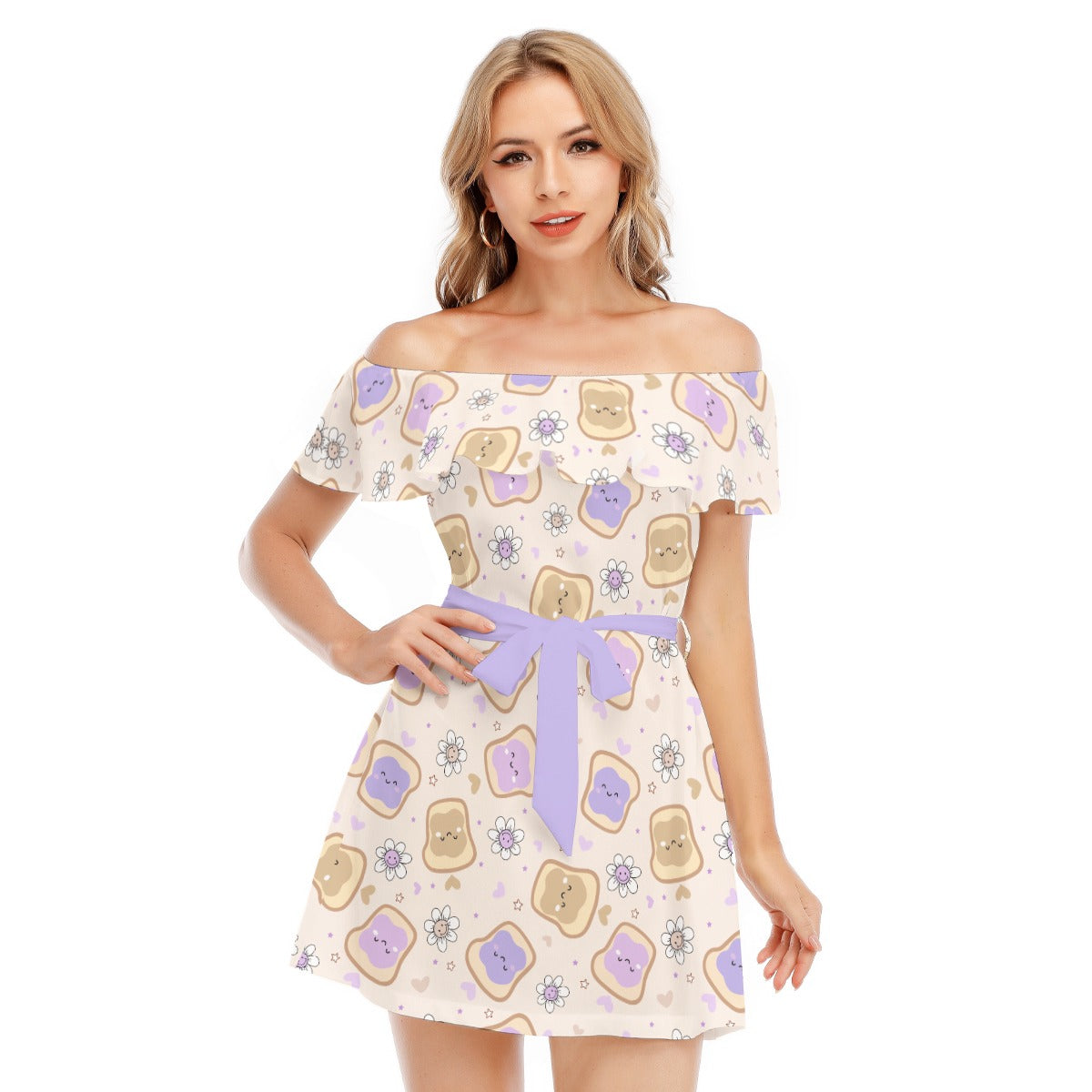 Kawaii Peanut Butter and Jelly Sandwiches - Women's Off-shoulder Ruffle Dress