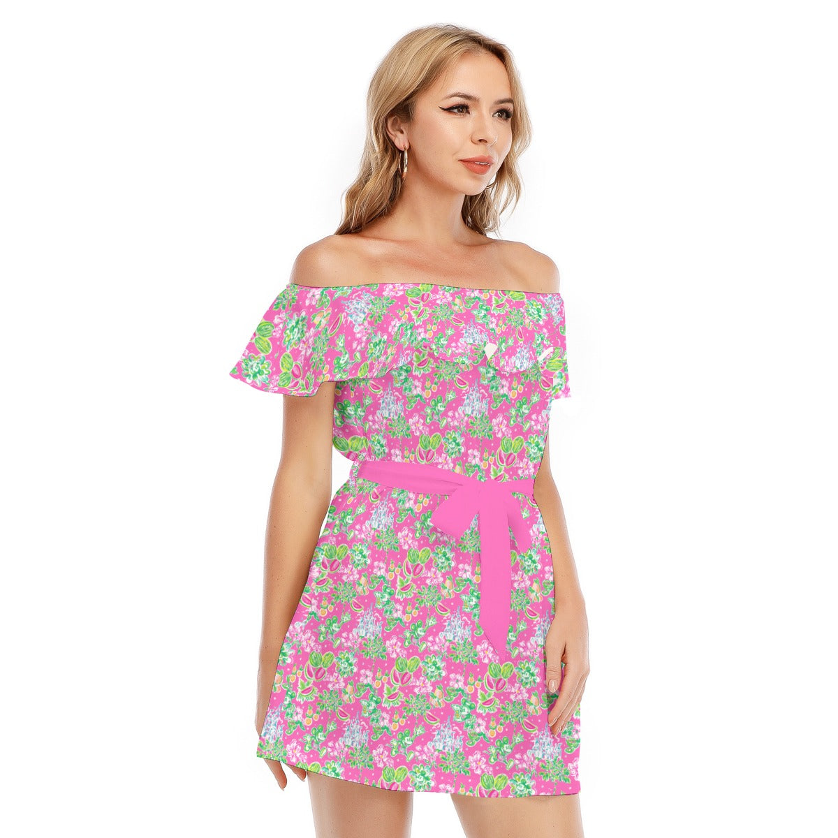 Bright Tropical Vibes - Watermelon Mouse Duo - Women's Off-shoulder Ruffle Dress