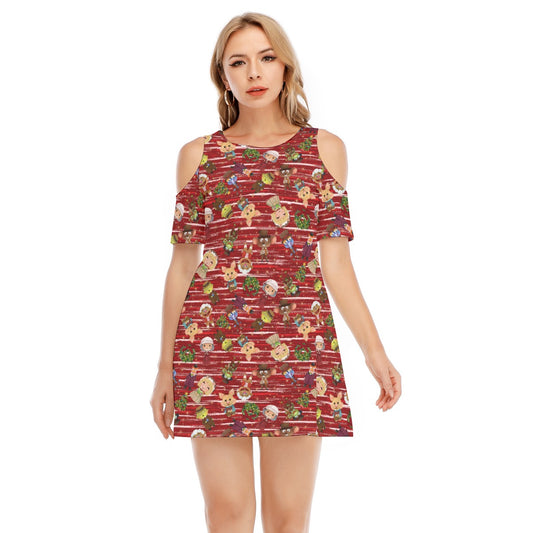 A Very Festive Puppet Christmas - Women's Cold Shoulder Cotton Dress