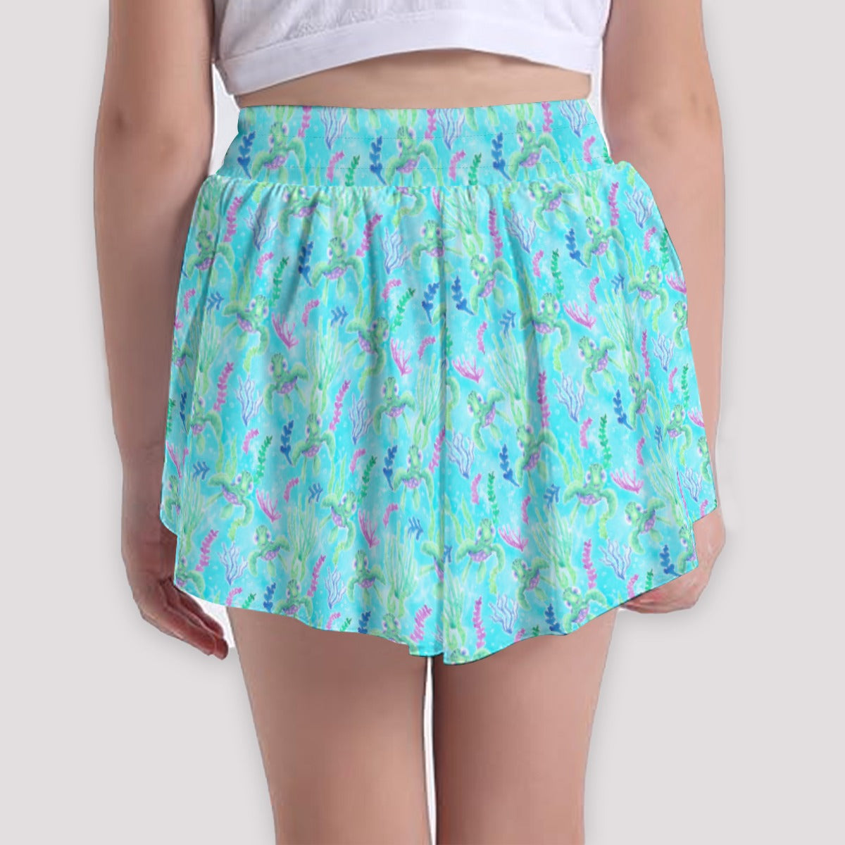Neon Floral Baby Turtle - Girls’ Flowy Pocket Shorts